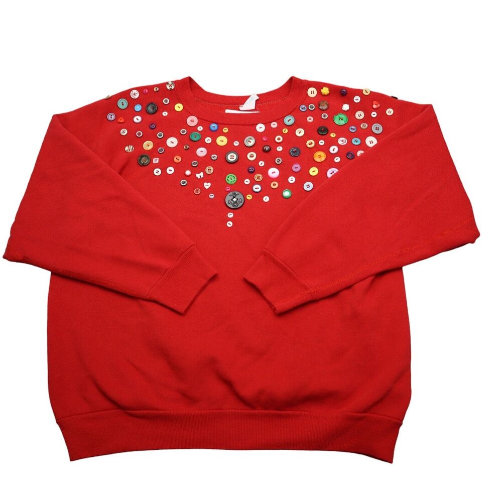 Discus Sweater Womens L Red Long Sleeve Crew Neck Buttons Heavyweight Pullover